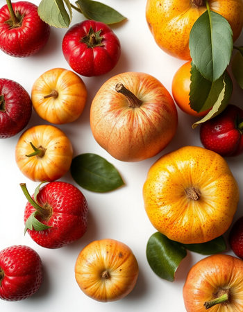 Autumn fruits on a white background. Flat lay, top view
