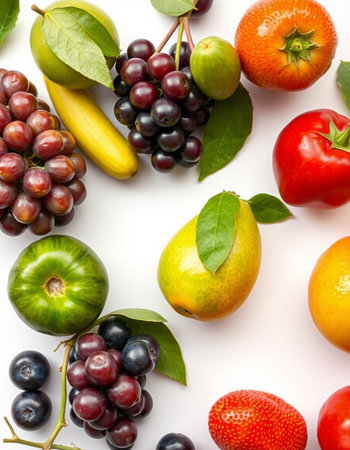 Fruits and vegetables isolated on white background. Flat lay, top viewの写真素材