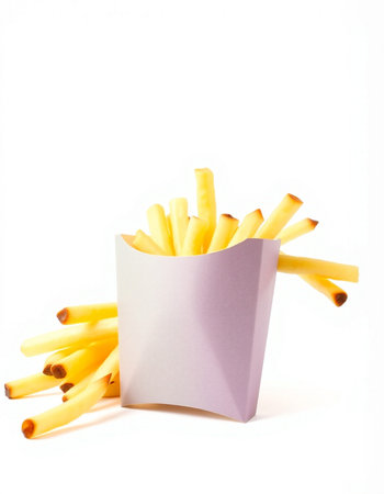 French fries in a paper box on a white background. Isolatedの写真素材