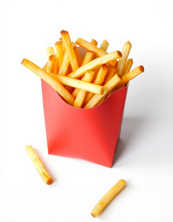 French fries in a red box on a white background close-up