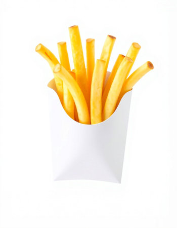 French fries in paper box isolated on white background. Close up.