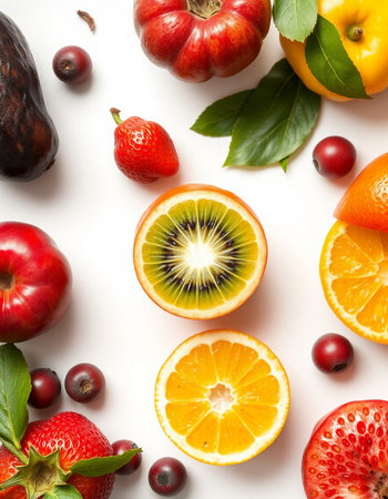 Fruits and berries on white background. Top view, flat layの写真素材