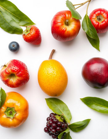 Fruits and berries on white background. Flat lay, top viewの写真素材