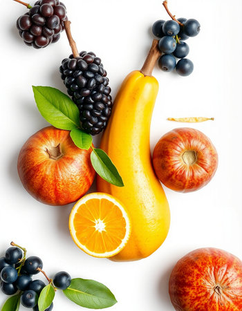 Fresh fruits isolated on white background. Top view. Flat lay.の写真素材
