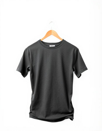 Black t-shirt on wooden hanger isolated on white background.の写真素材