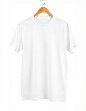 White t-shirt on a hanger on a white background.の写真素材