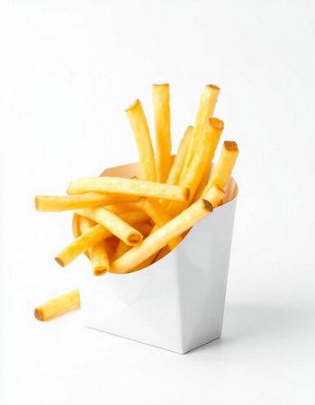 French fries in a white box on a white background, fast food