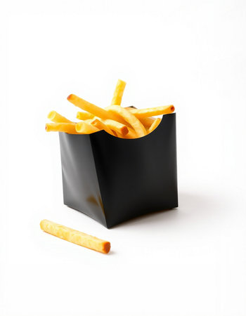 French fries in a black box isolated on white background. Fast food.の写真素材