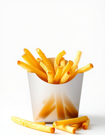 French fries in a paper box on a white background. Fast food.