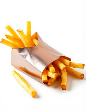 French fries in a paper bag on a white background. Fast food.