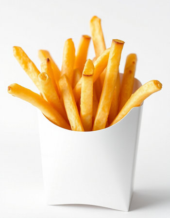 French fries in a white box on a white background, close-up