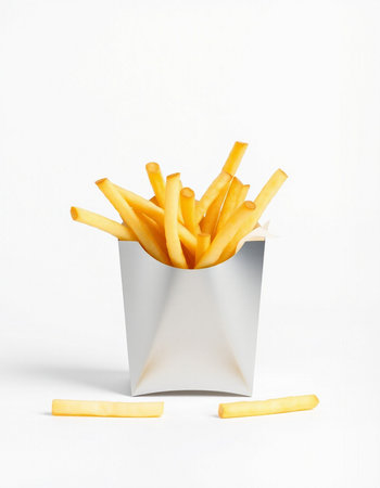 French fries in paper box on white background. 3d rendering.