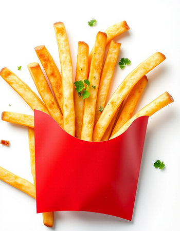 French fries with parsley on white background. Top view, flat lay