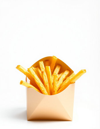 French fries in a paper box on a white background. Fast food.の写真素材
