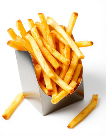 French fries in a box on a white background. Selective focus.
