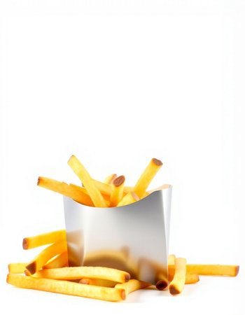 Golden French fries on white background with copy space for your text.の写真素材