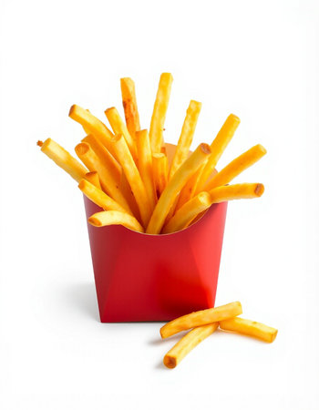 French fries in a red box on a white background. Isolated