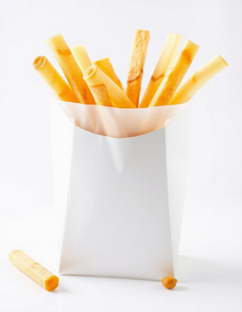 French fries in a paper bag on a white background. Selective focus.の写真素材