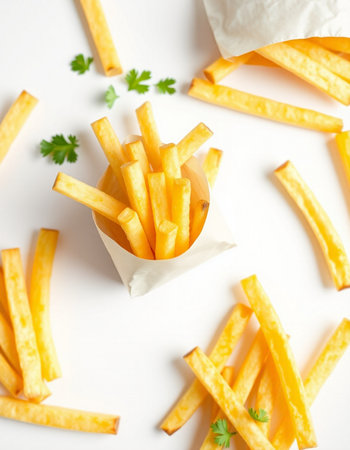 French fries in paper box on white background. Top view, flat layの写真素材