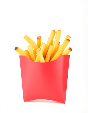 French fries in red box isolated on white background. Fast food.