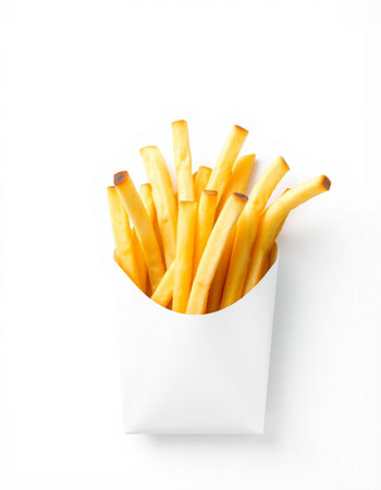 French fries in white box isolated on white background. Top view.