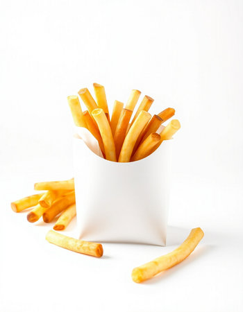 French fries in a paper box on a white background. Isolated