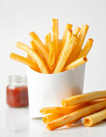 French fries in a white paper cup with tomato sauce on a white background