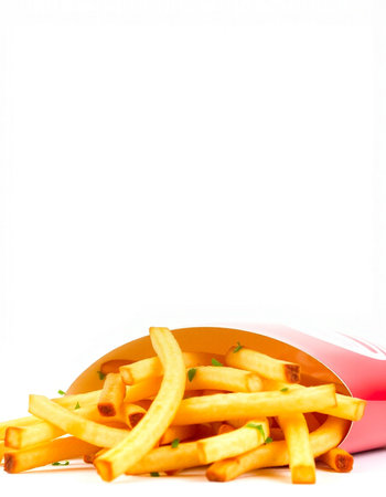 French fries in a paper bag on a white background with copy space
