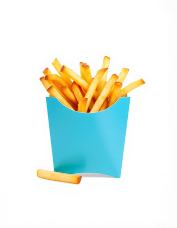 French fries in blue paper box isolated on white background, clipping path includedの写真素材
