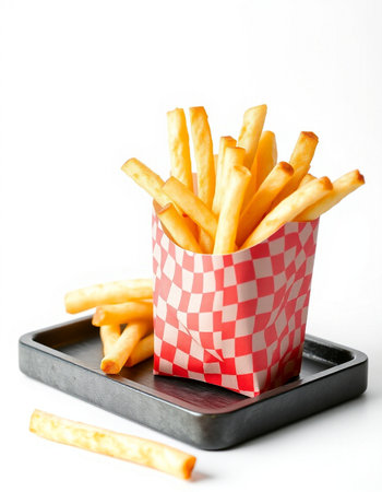 French fries in a box isolated on white background. Selective focus.の写真素材