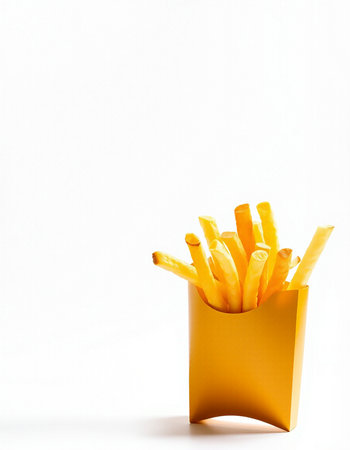 French fries in a yellow box on a white background. Isolated