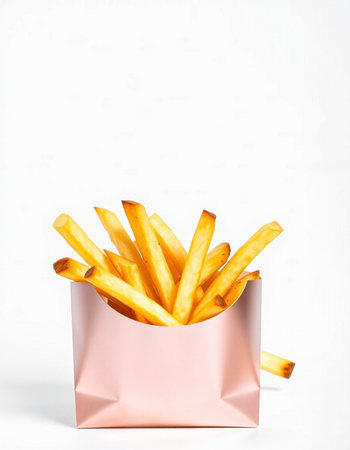 French fries in a pink paper box on a white background with space for textの写真素材