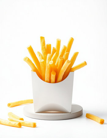 French fries in a white box on a white background. Fast food.