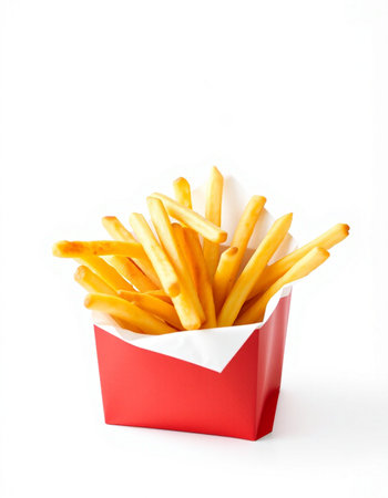 French fries in a red box isolated on white background. Fast food.