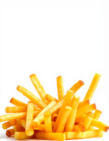 French fries on white background. Selective focus. Copy space.
