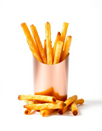 French fries in a pink box on a white background. Isolated