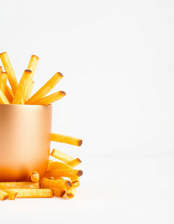 Golden French Fries in a bowl on a white background with copy spaceの写真素材
