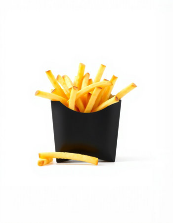 French fries in black paper box on white background. Isolated.