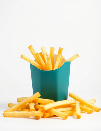 French fries in a blue box on a white background. Fast food.の写真素材