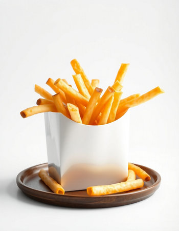 French fries in a white box on a white background. Fast food.