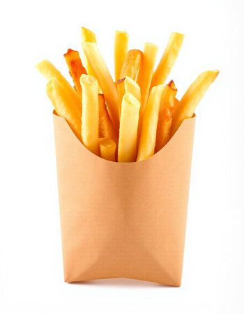 French fries in paper box isolated on white background. Fast food.