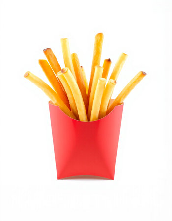 French fries in red box isolated on white background, clipping path included