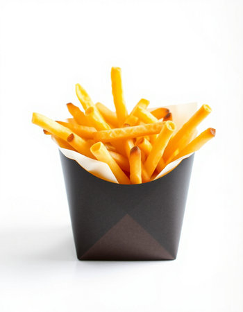 French fries in paper box on white background. Selective focus.の写真素材