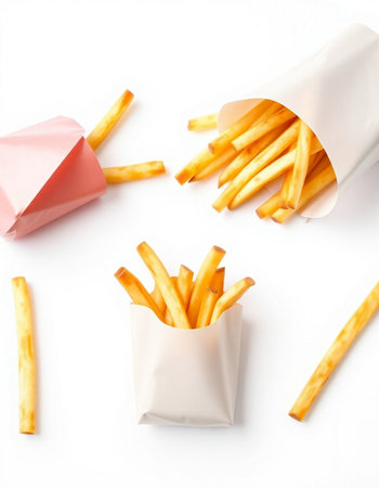 French fries in paper bag isolated on white background. Top view.の写真素材