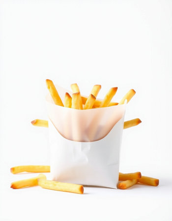 French fries in a paper bag on a white background. Fast food.の写真素材