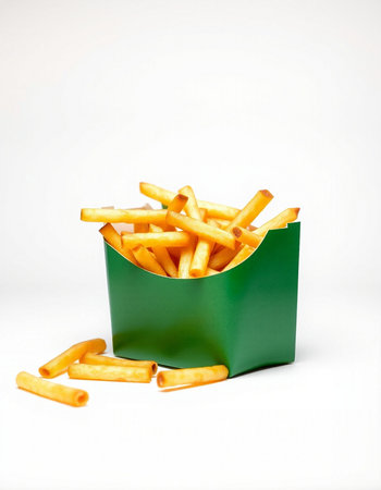French fries in a green box on a white background. Isolatedの写真素材