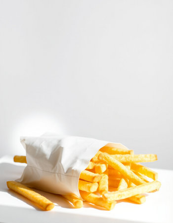 French fries in paper bag on white background. Copy space for text.の写真素材