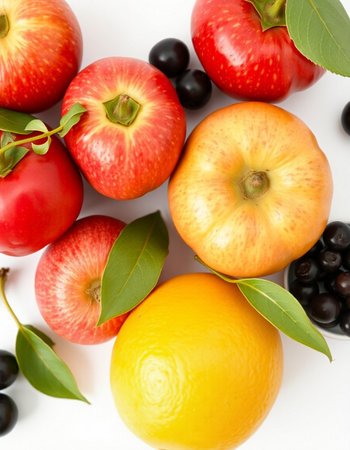 Fresh fruits on a white background, close-up, top viewの写真素材