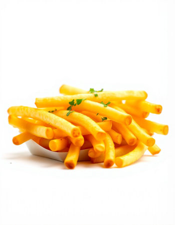 French fries with parsley on a white background. Selective focus.の写真素材