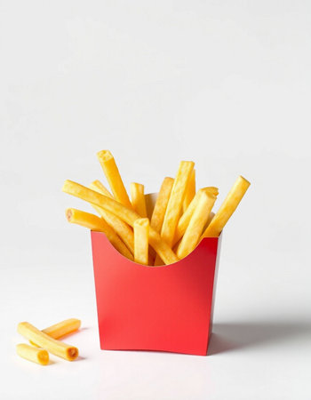 French fries in a red box on a white background, fast food